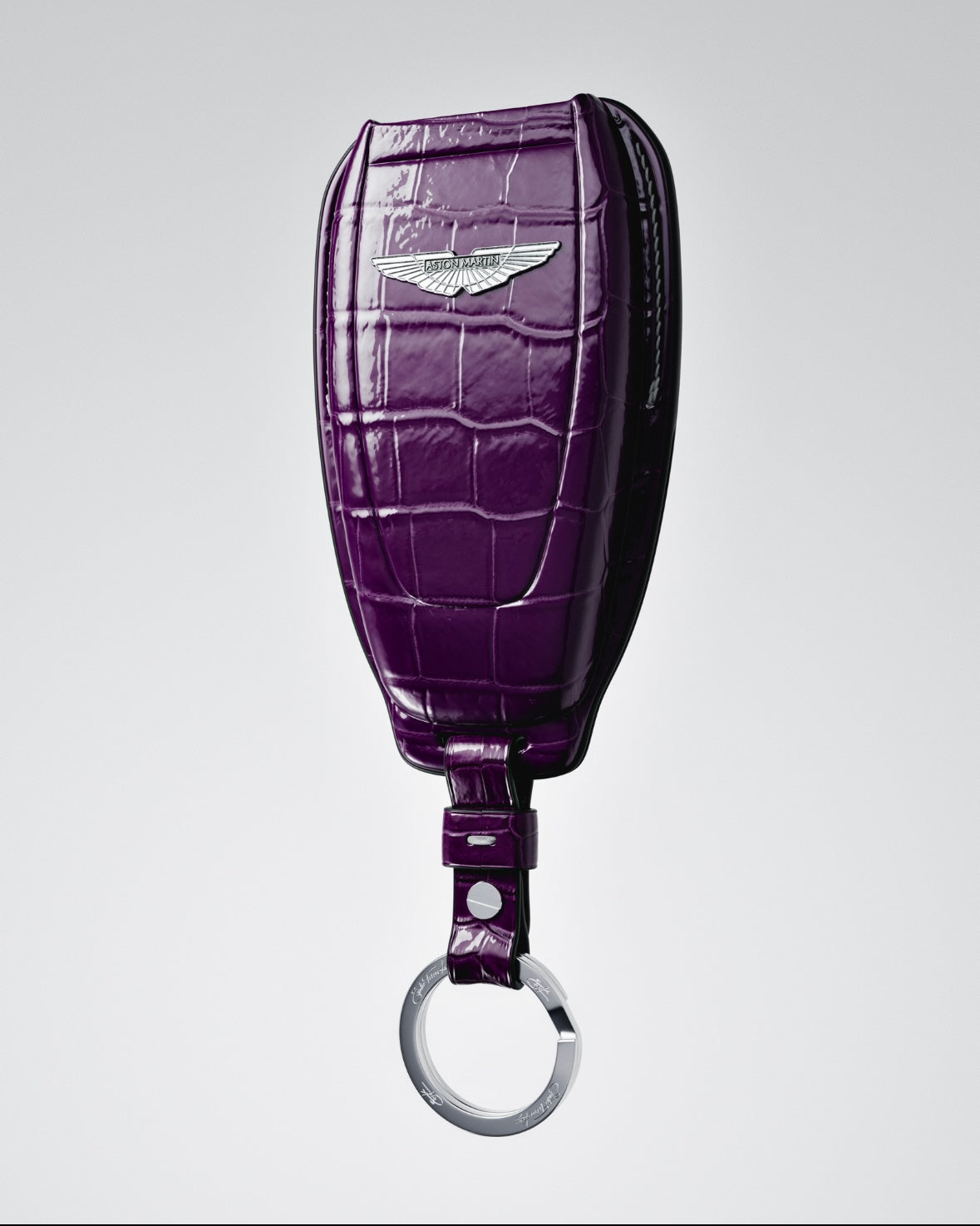 ETK BESPOKE GENUINE PURPLE CROCODILE KEY COVER FOR ASTON MARTIN — AMETHYST SILVER BADGE SPECIFICATION