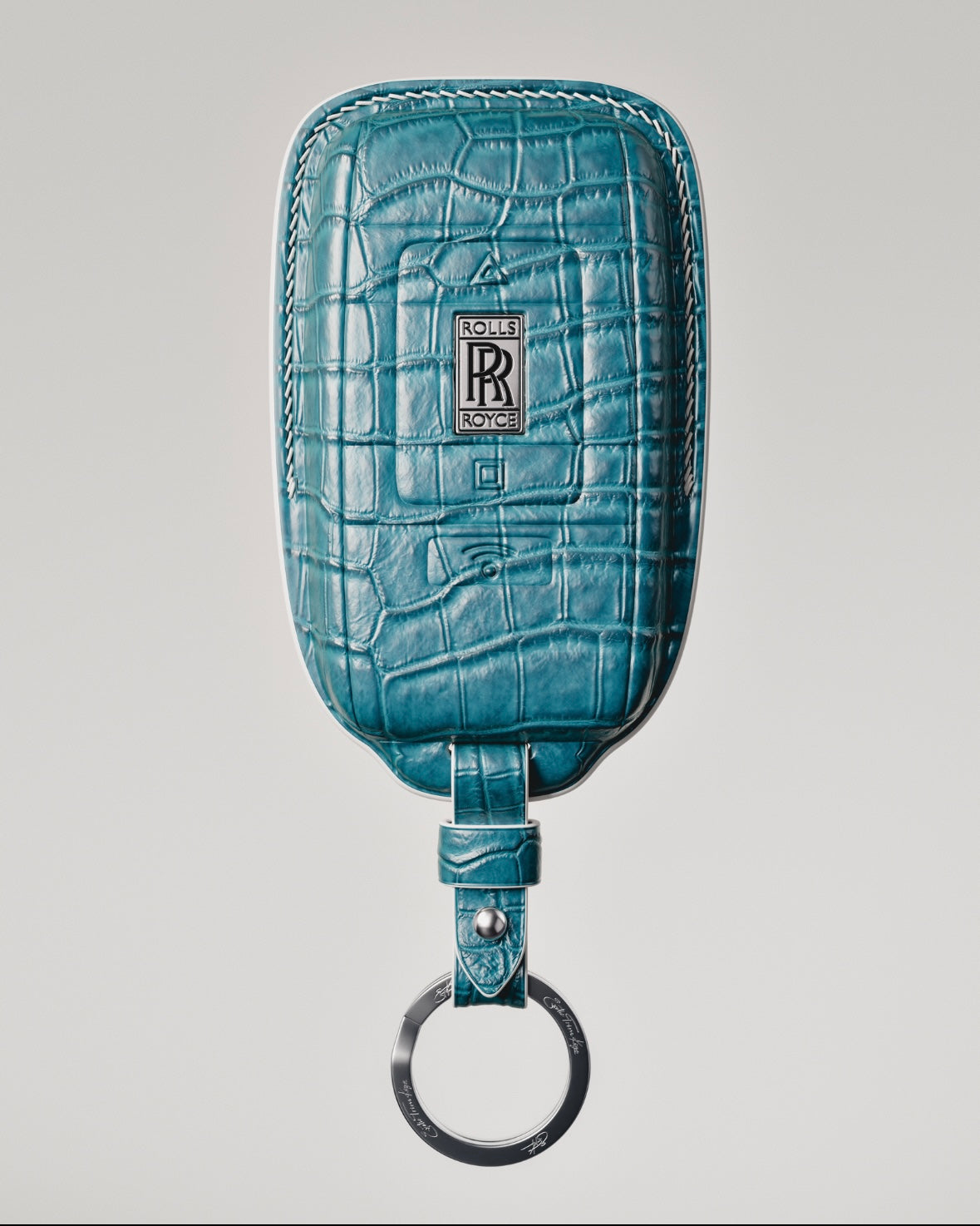 ETK BESPOKE GENUINE AQUA BLUE CROCODILE KEY COVER FOR ROLLS-ROYCE — AQUA BLUE SILVER BADGE SPECIFICATION