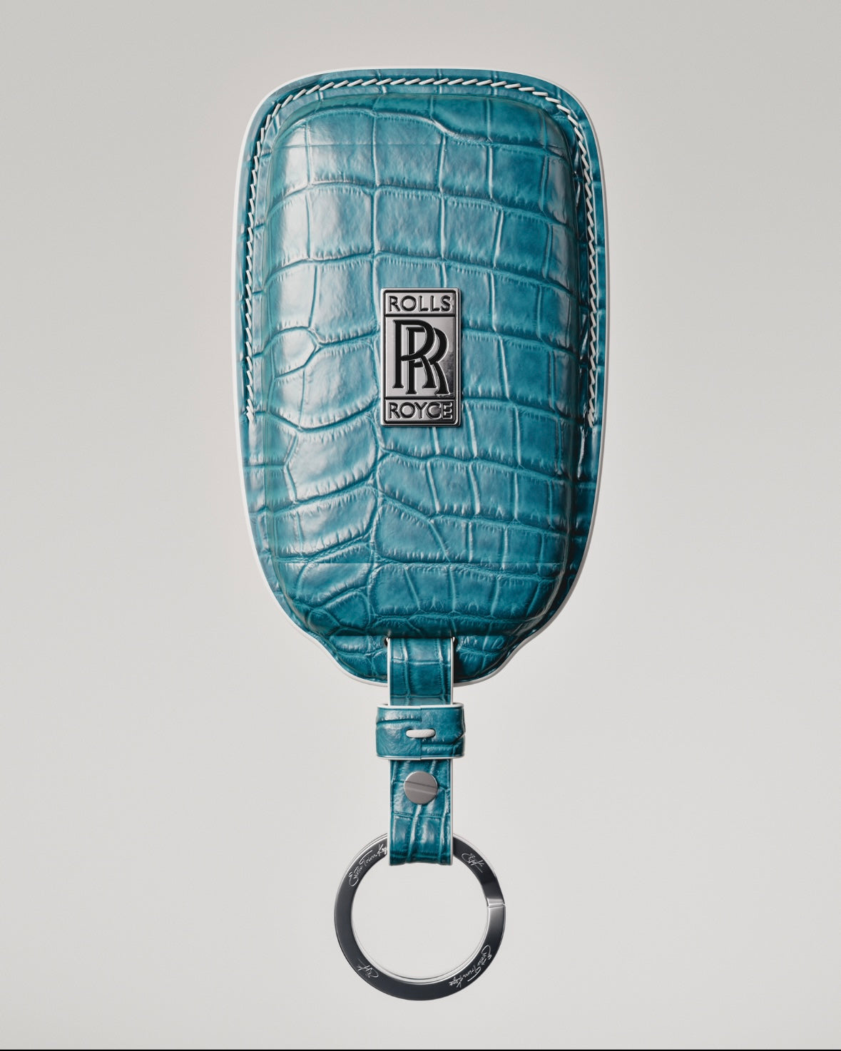 ETK BESPOKE GENUINE AQUA BLUE CROCODILE KEY COVER FOR ROLLS-ROYCE — AQUA BLUE SILVER BADGE SPECIFICATION