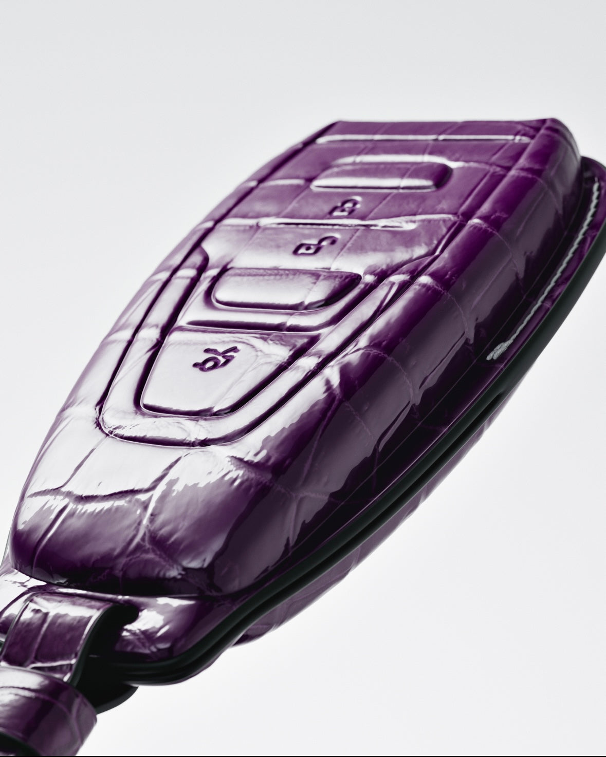 ETK BESPOKE GENUINE PURPLE CROCODILE KEY COVER FOR ASTON MARTIN — AMETHYST SILVER BADGE SPECIFICATION