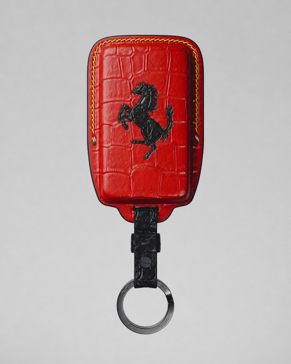 ETK BESPOKE HAND-PAINTED GENUINE RED CROCODILE KEY COVER FOR FERRARI — ROSSO NERO TRICOLORE SPECIFICATION