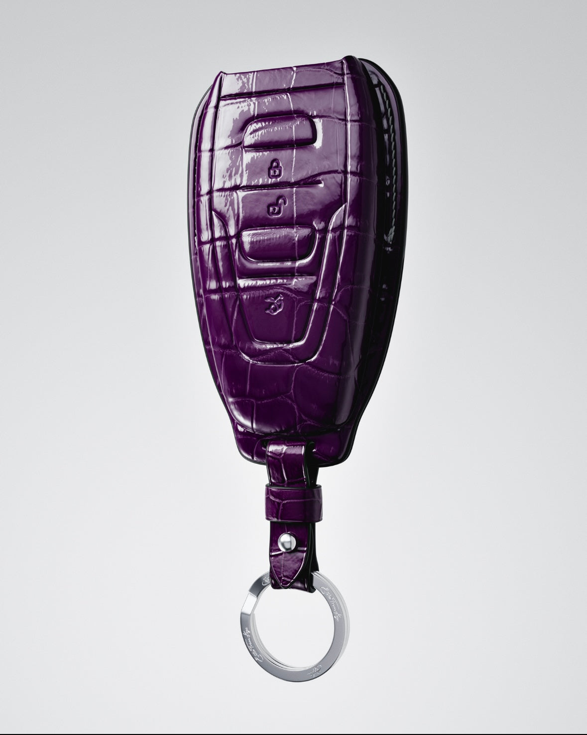 ETK BESPOKE GENUINE PURPLE CROCODILE KEY COVER FOR ASTON MARTIN — AMETHYST SILVER BADGE SPECIFICATION