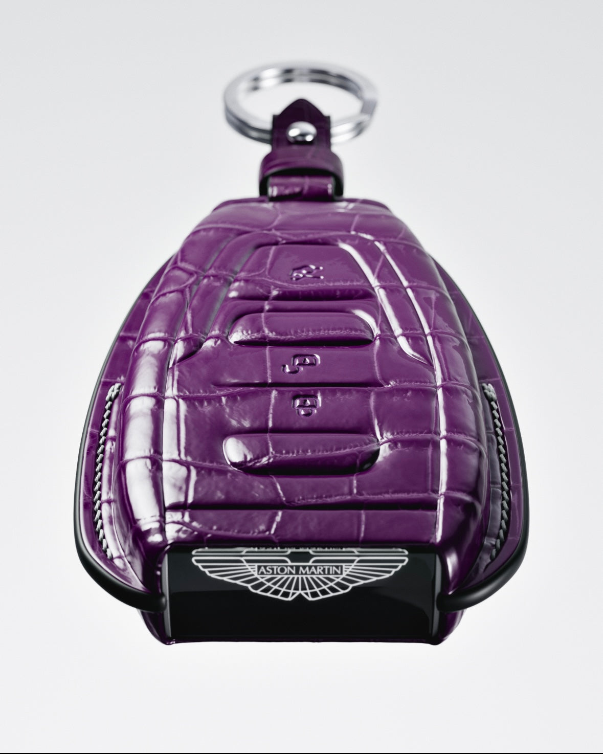 ETK BESPOKE GENUINE PURPLE CROCODILE KEY COVER FOR ASTON MARTIN — AMETHYST SILVER BADGE SPECIFICATION