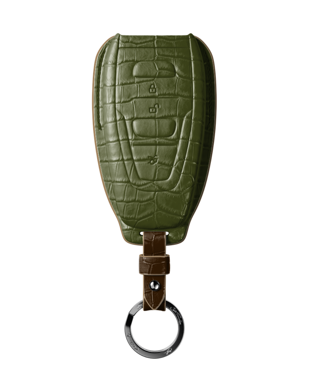 ETK BESPOKE OLIVE GREEN CROCODILE KEY COVER FOR ASTON MARTIN — CAMEL & DARK BROWN DETAILS