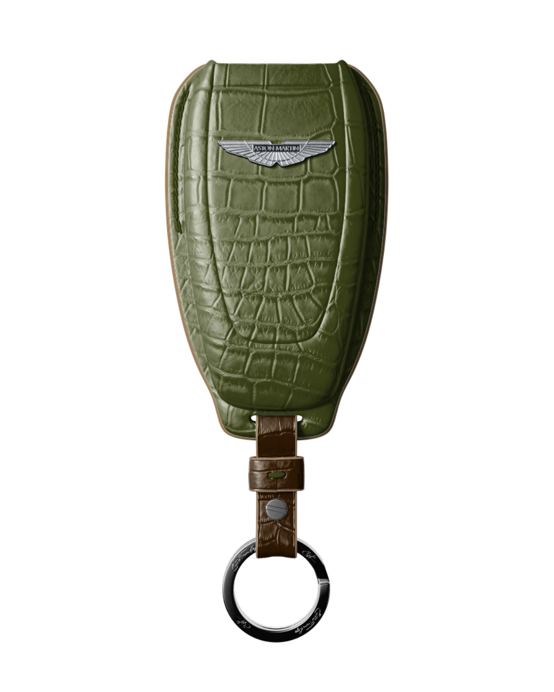 ETK BESPOKE OLIVE GREEN CROCODILE KEY COVER FOR ASTON MARTIN — CAMEL & DARK BROWN DETAILS