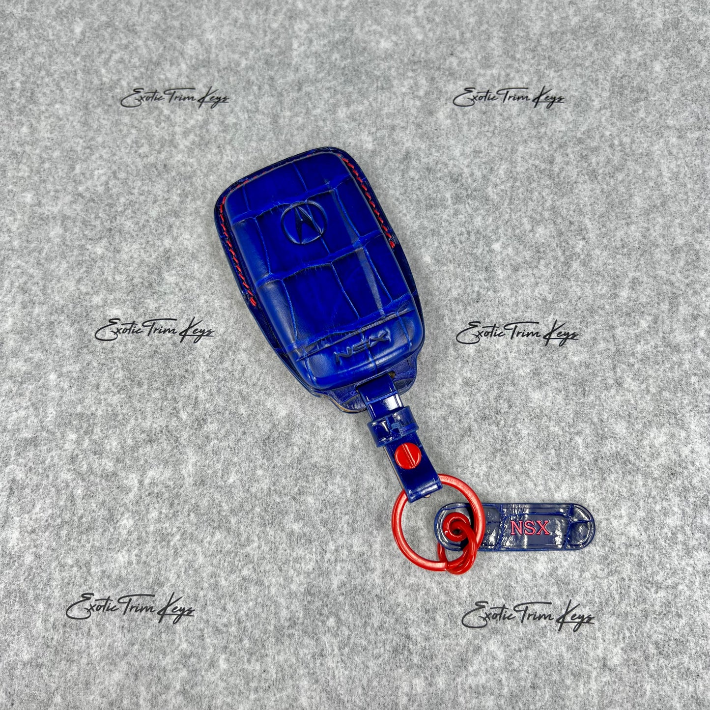 Acura NSX Key Cover - Blue & Red Crocodile Leather / Red Stitching - IN STOCK