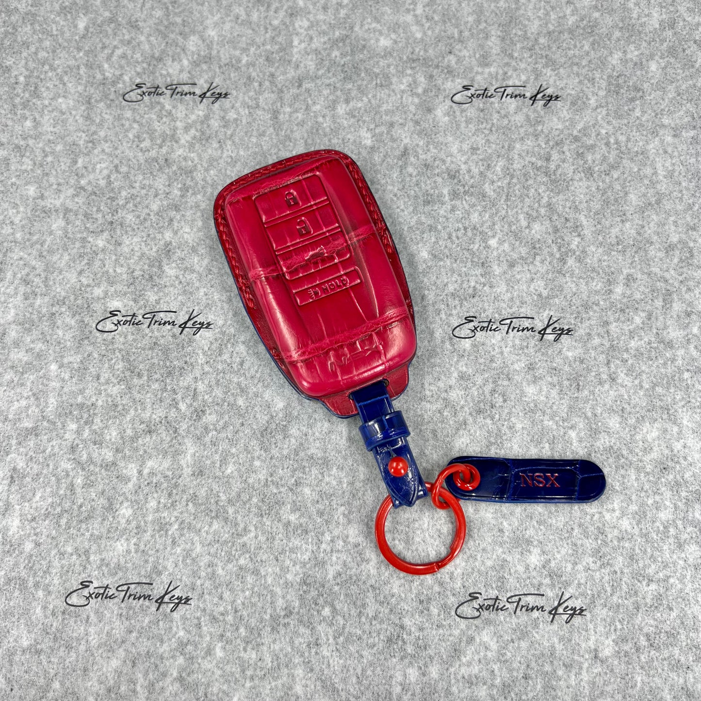 Acura NSX Key Cover - Blue & Red Crocodile Leather / Red Stitching - IN STOCK