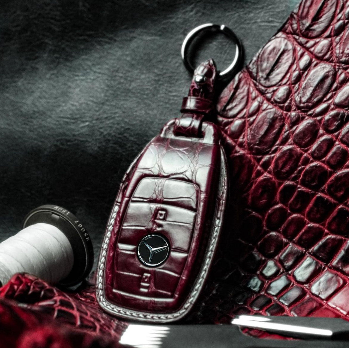 ETK BESPOKE BORDEAUX CROCODILE KEY COVER FOR MERCEDES — WHITE DETAILS