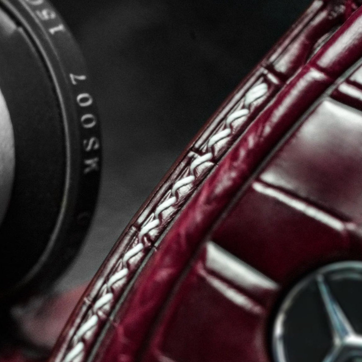 ETK BESPOKE BORDEAUX CROCODILE KEY COVER FOR MERCEDES — WHITE DETAILS