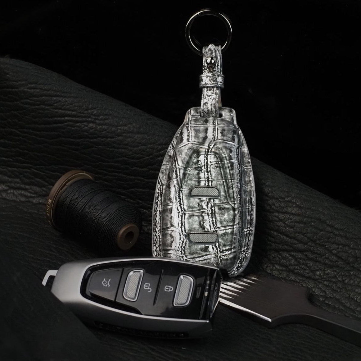 ETK BESPOKE CUSTOM HAND-DYED CROCODILE KEY COVER FOR ASTON MARTIN — BLACK & GREY DETAILS