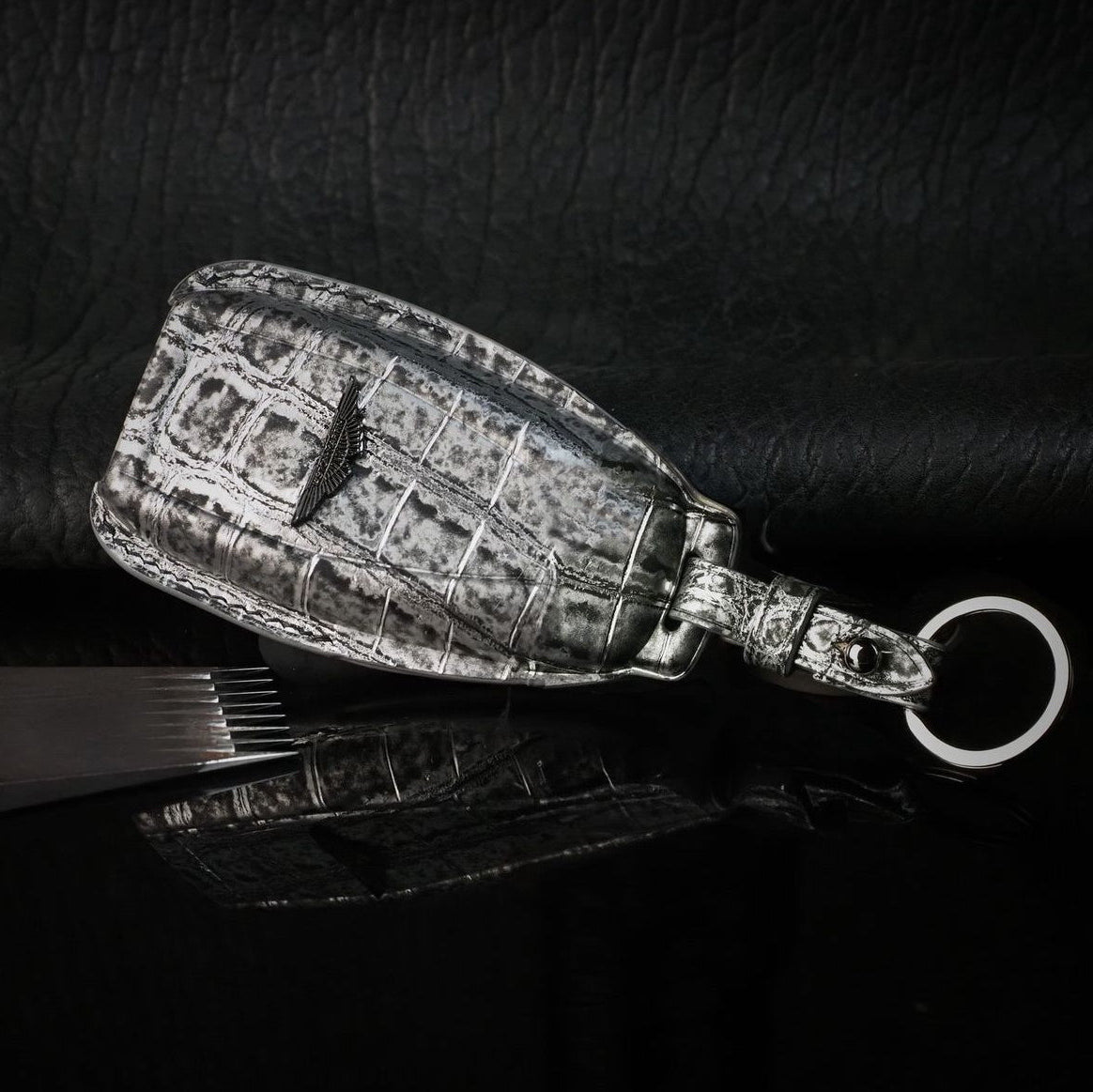 ETK BESPOKE CUSTOM HAND-DYED CROCODILE KEY COVER FOR ASTON MARTIN — BLACK & GREY DETAILS