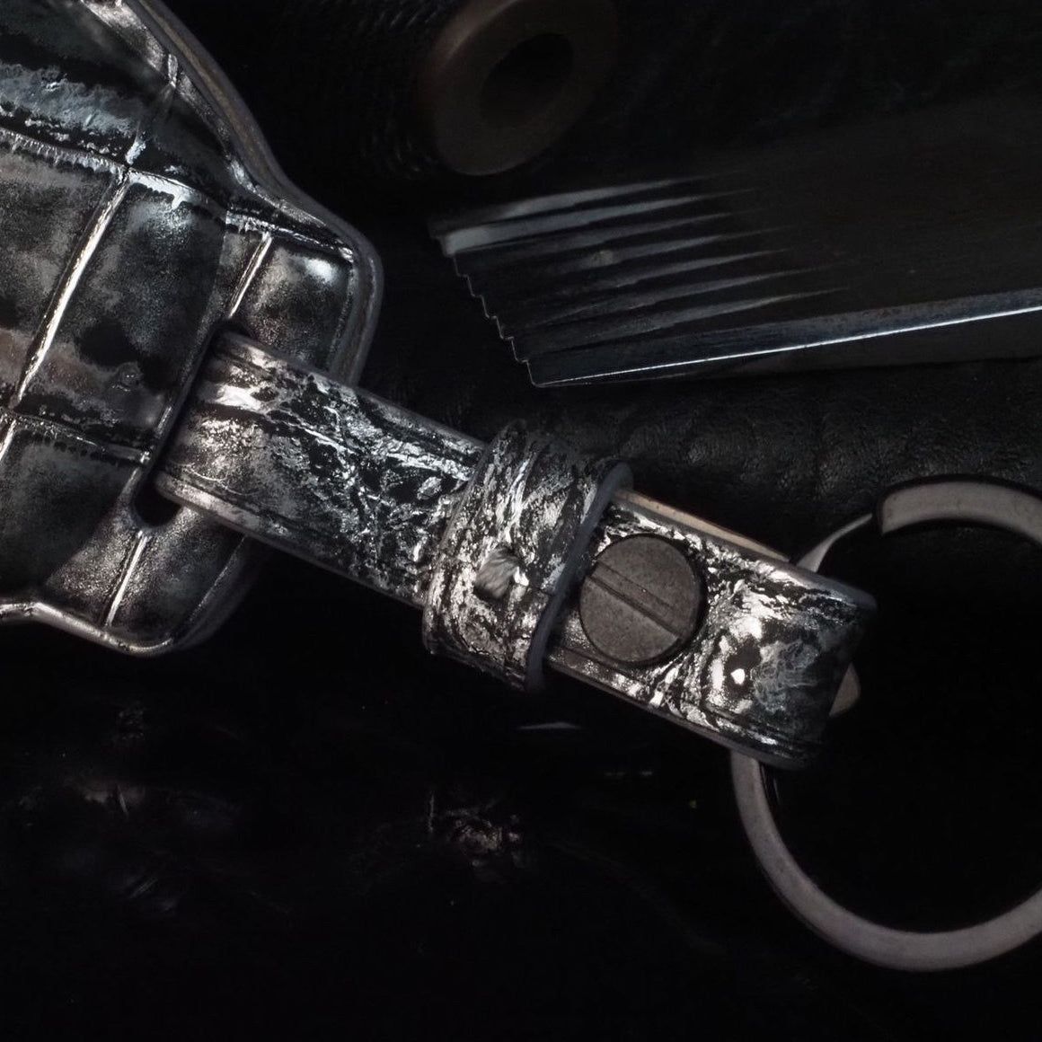 ETK BESPOKE CUSTOM HAND-DYED CROCODILE KEY COVER FOR ASTON MARTIN — BLACK & GREY DETAILS