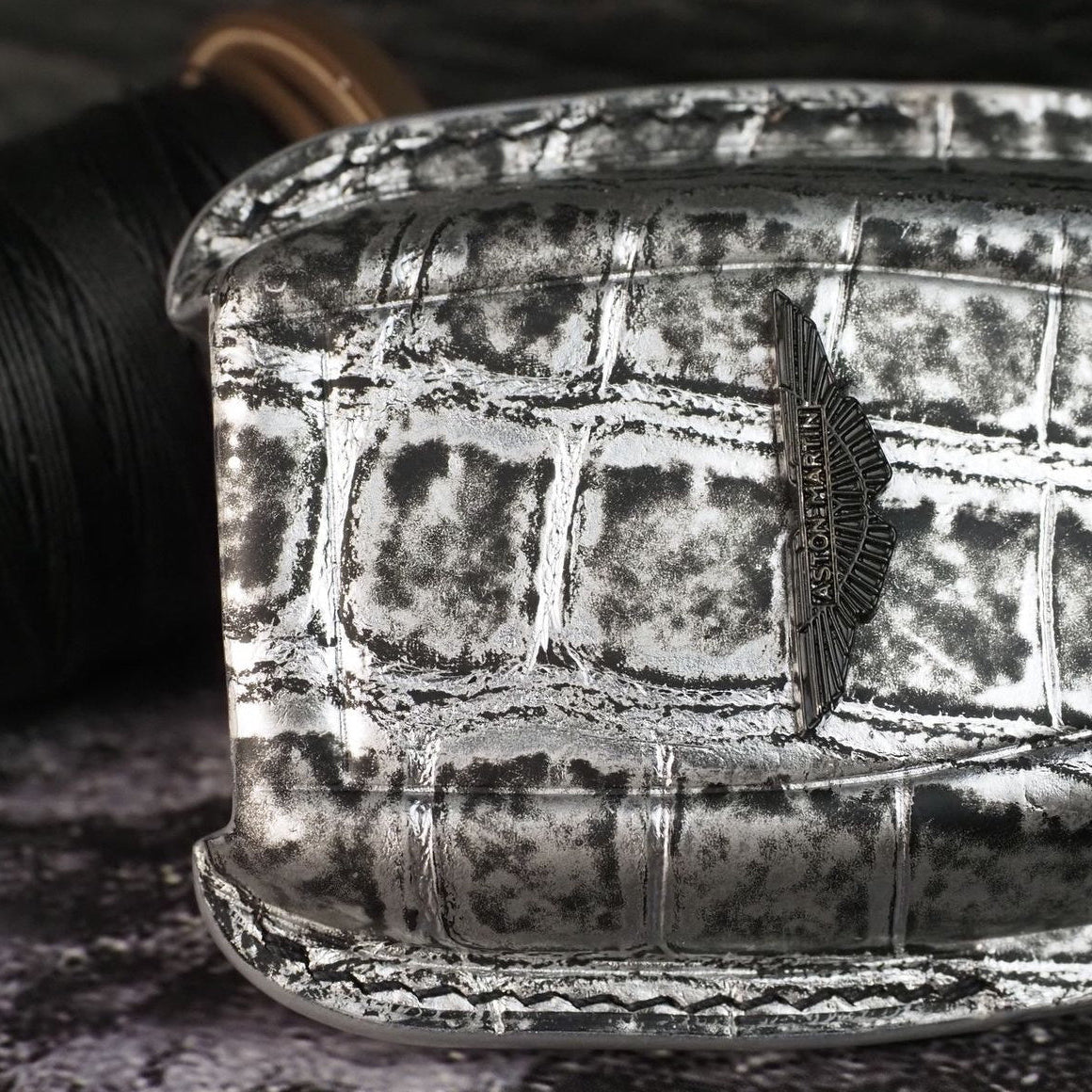 ETK BESPOKE CUSTOM HAND-DYED CROCODILE KEY COVER FOR ASTON MARTIN — BLACK & GREY DETAILS