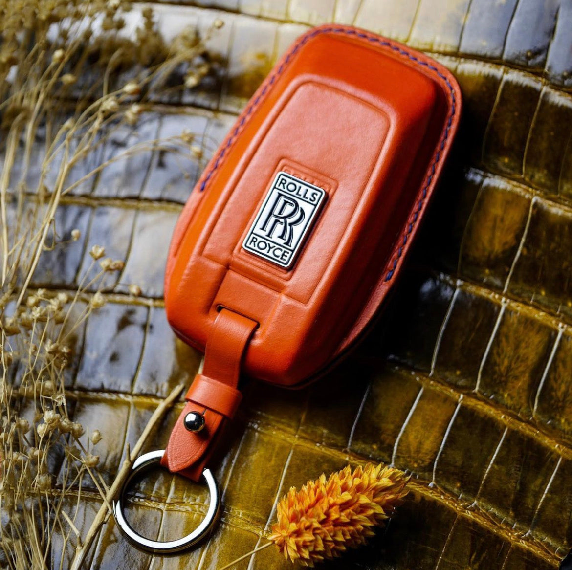 ETK BESPOKE ORANGE ITALIAN NAPPA KEY COVER FOR ROLLS ROYCE — ELECTRIC BLUE DETAILS
