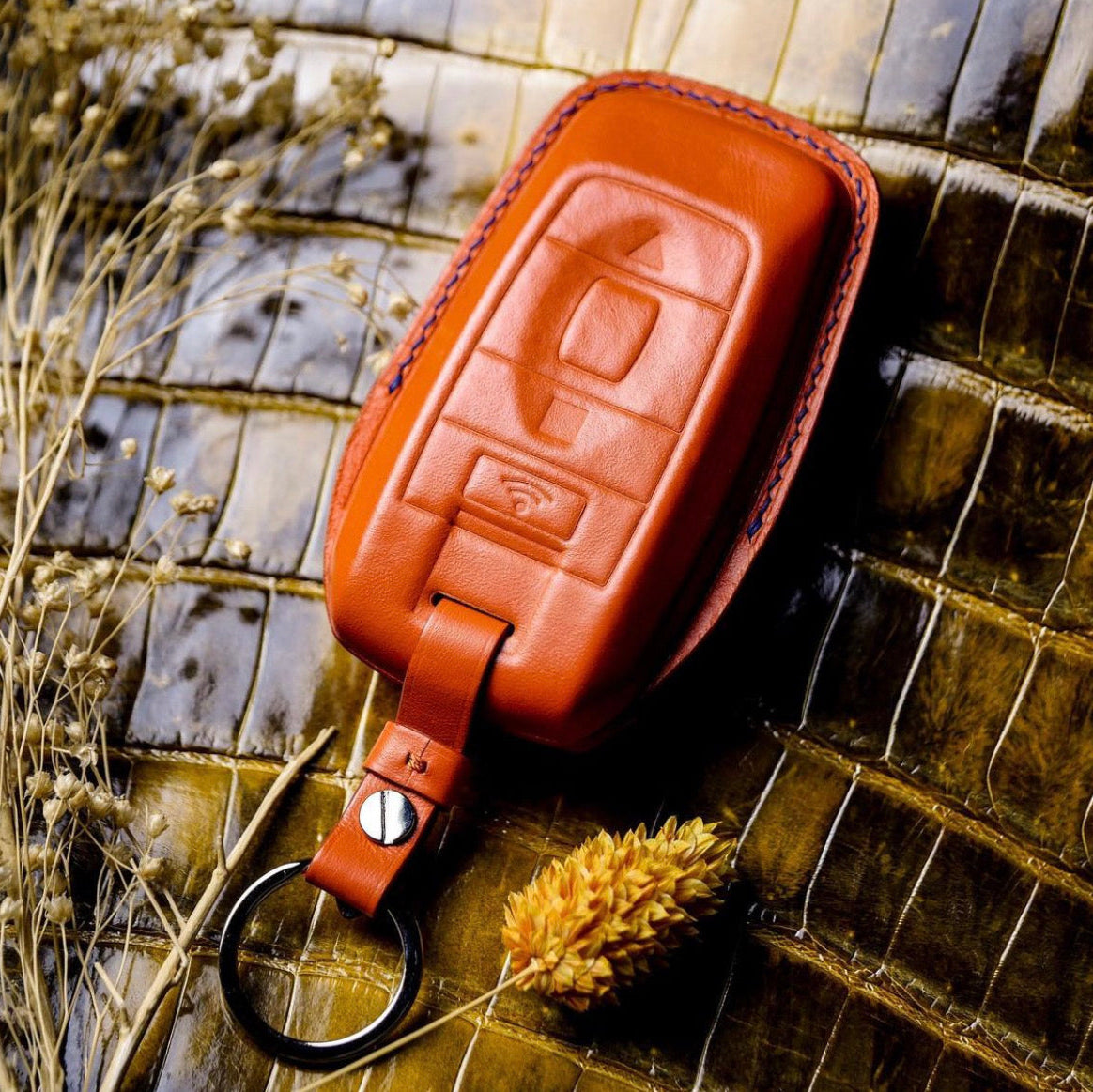 ETK BESPOKE ORANGE ITALIAN NAPPA KEY COVER FOR ROLLS ROYCE — ELECTRIC BLUE DETAILS