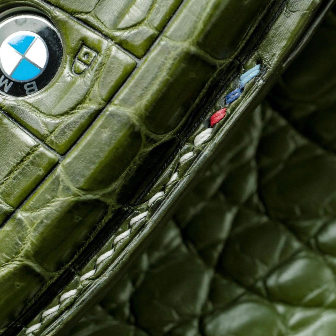 ETK BESPOKE OLIVE GREEN CROCODILE KEY COVER FOR BMW — THREE-TONE DETAILS