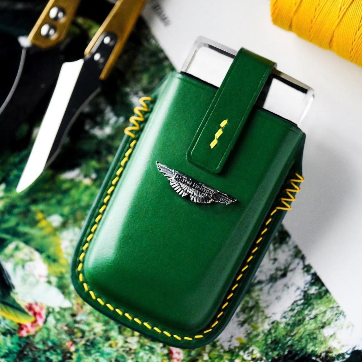 ETK BESPOKE GREEN ITALIAN NAPPA KEY COVER FOR ASTON MARTIN — YELLOW DETAILS