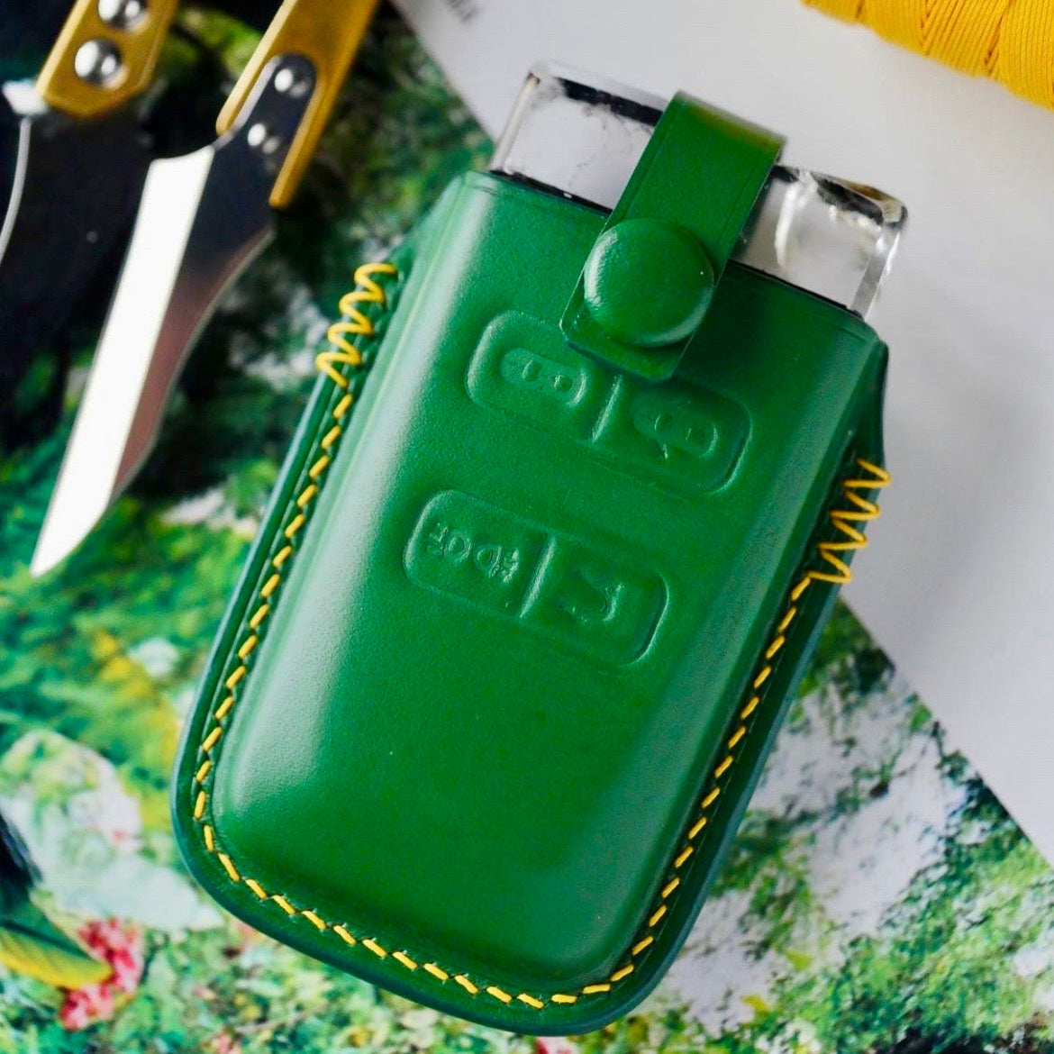 ETK BESPOKE GREEN ITALIAN NAPPA KEY COVER FOR ASTON MARTIN — YELLOW DETAILS