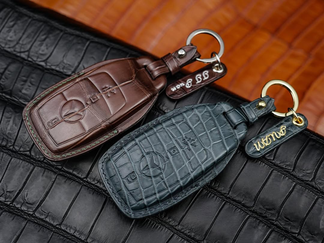 ETK BESPOKE DARK BROWN & GREY-BLUE CROCODILE KEY COVER SET FOR MERCEDES — SET OF 2
