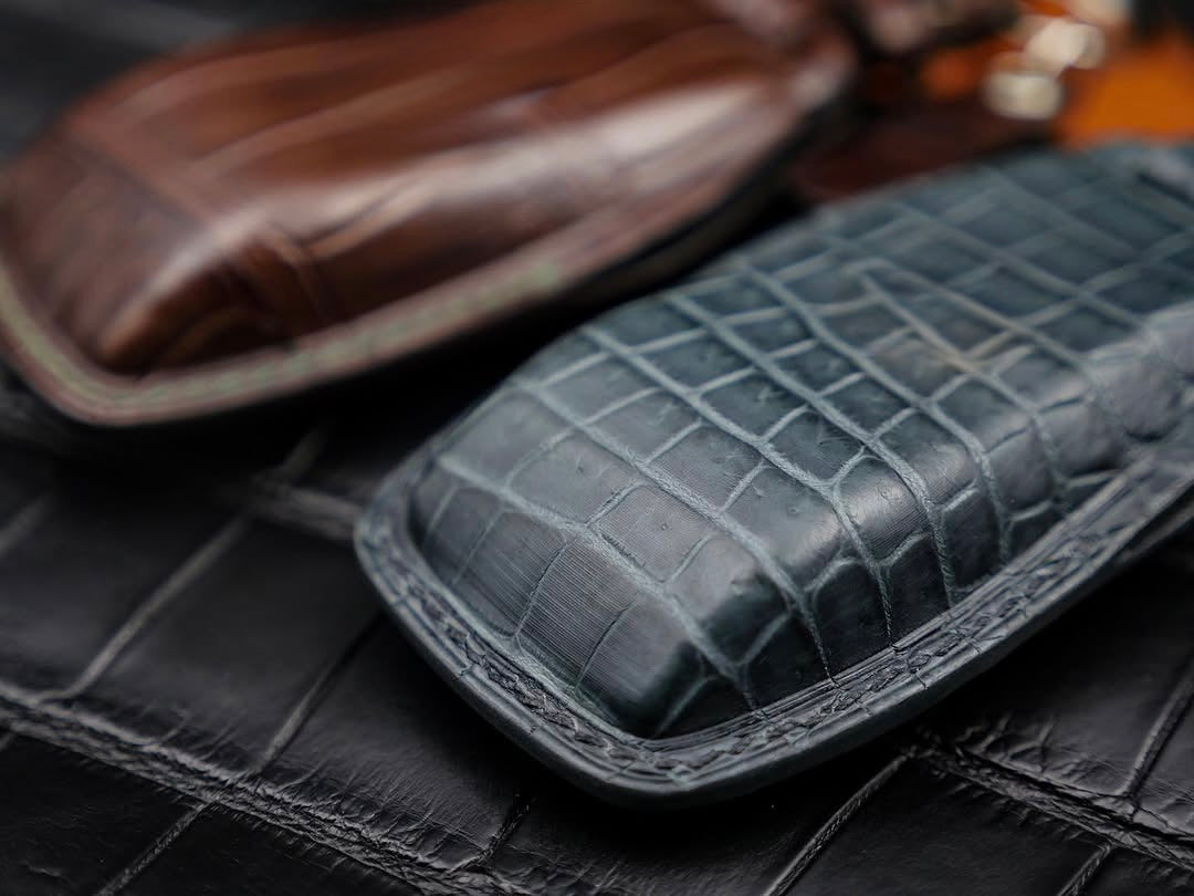 ETK BESPOKE DARK BROWN & GREY-BLUE CROCODILE KEY COVER SET FOR MERCEDES — SET OF 2