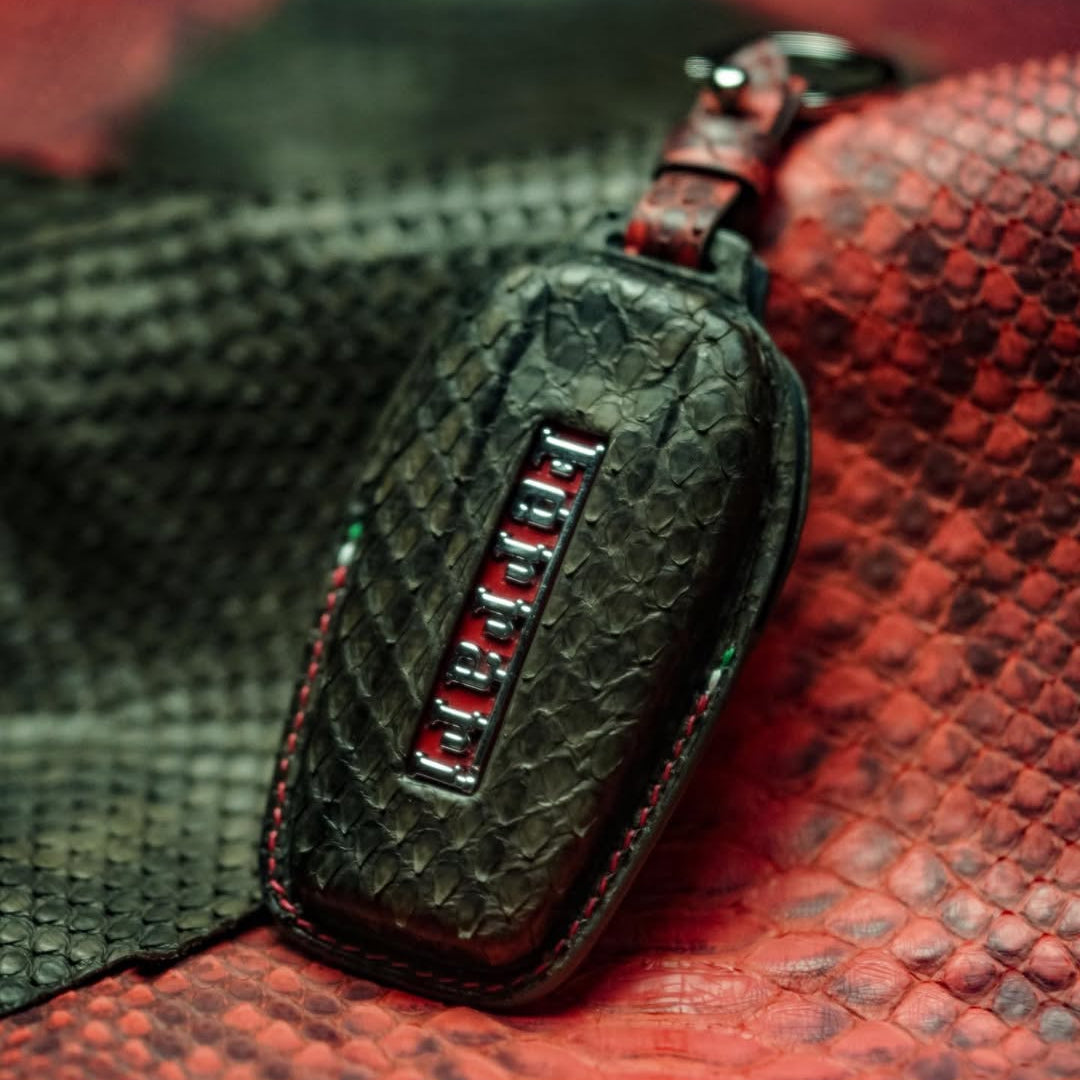 ETK BESPOKE DARK OLIVE SNAKESKIN KEY COVER FOR FERRARI — THREE-TONE DETAILS