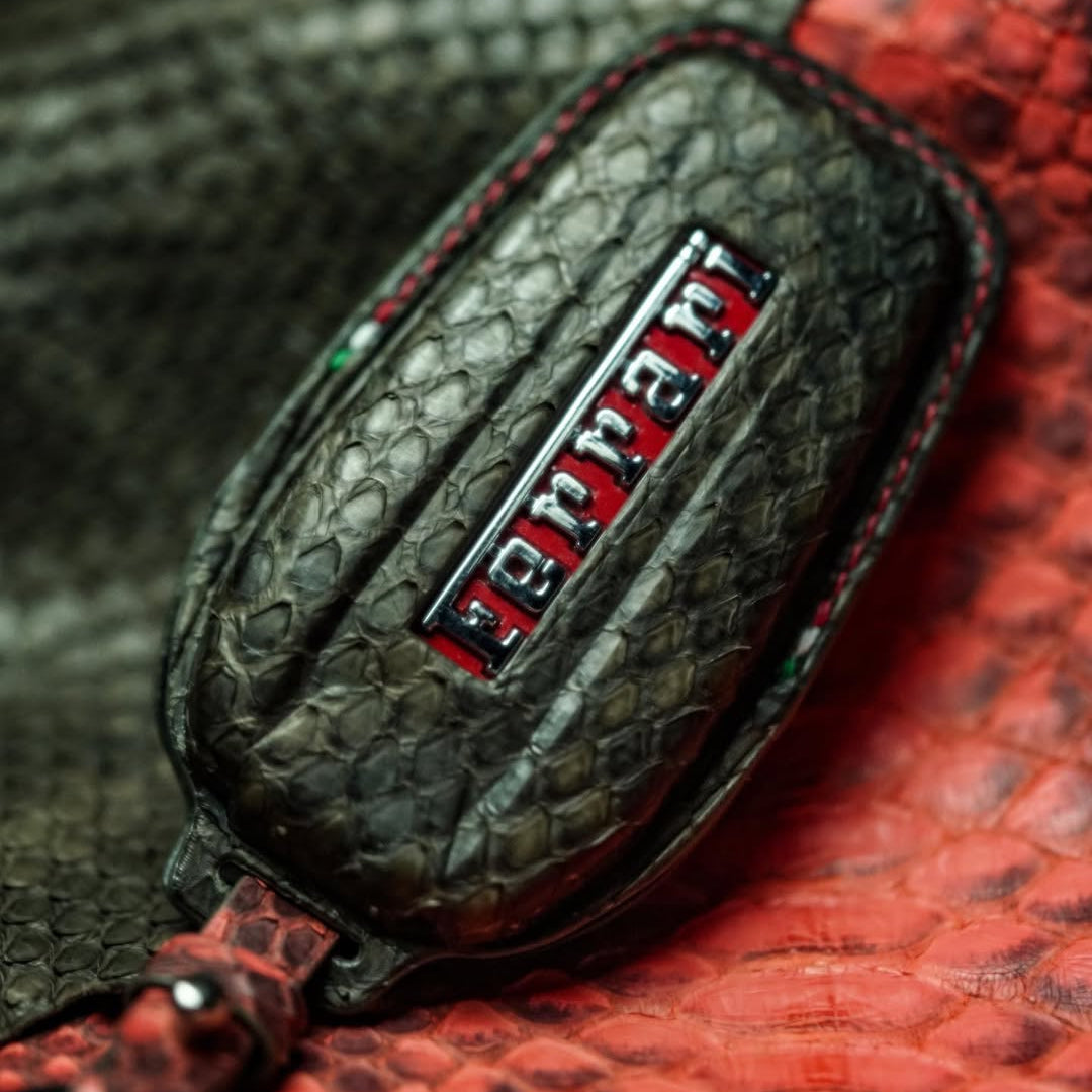 ETK BESPOKE DARK OLIVE SNAKESKIN KEY COVER FOR FERRARI — THREE-TONE DETAILS