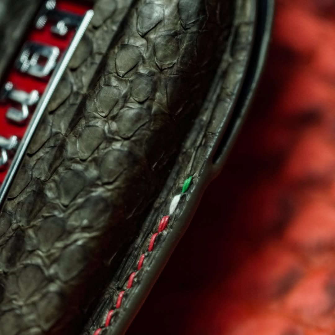 ETK BESPOKE DARK OLIVE SNAKESKIN KEY COVER FOR FERRARI — THREE-TONE DETAILS