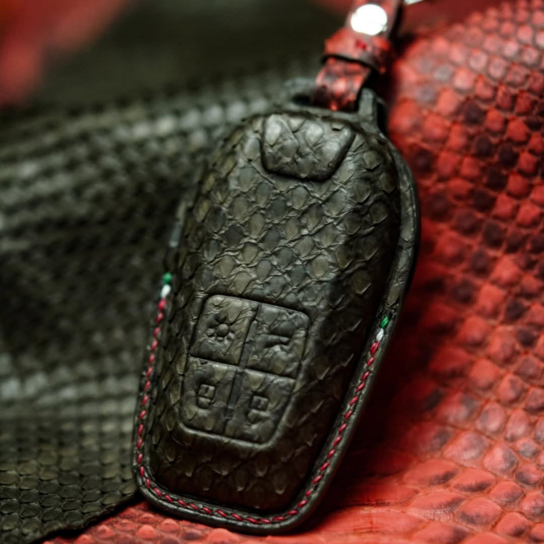 ETK BESPOKE DARK OLIVE SNAKESKIN KEY COVER FOR FERRARI — THREE-TONE DETAILS