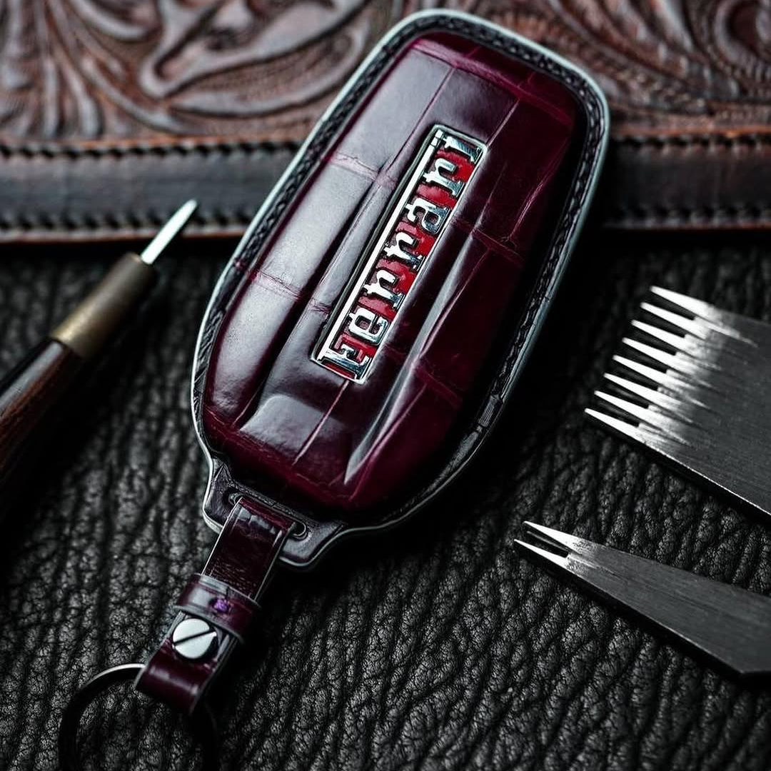 ETK BESPOKE HAND-PAINTED BORDEAUX CROCODILE KEY COVER FOR FERRARI — BLACK & WHITE DETAILS