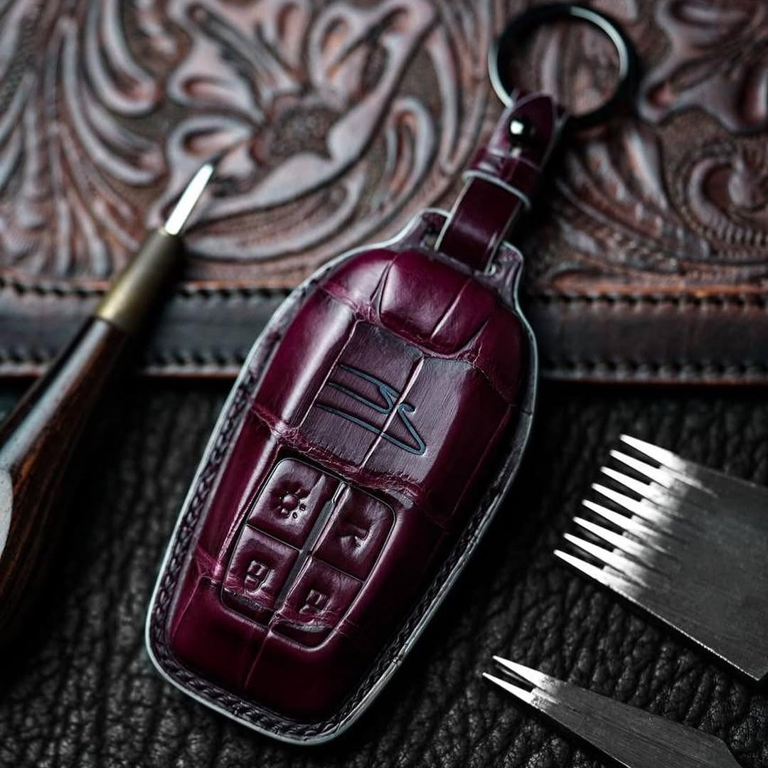 ETK BESPOKE HAND-PAINTED BORDEAUX CROCODILE KEY COVER FOR FERRARI — BLACK & WHITE DETAILS