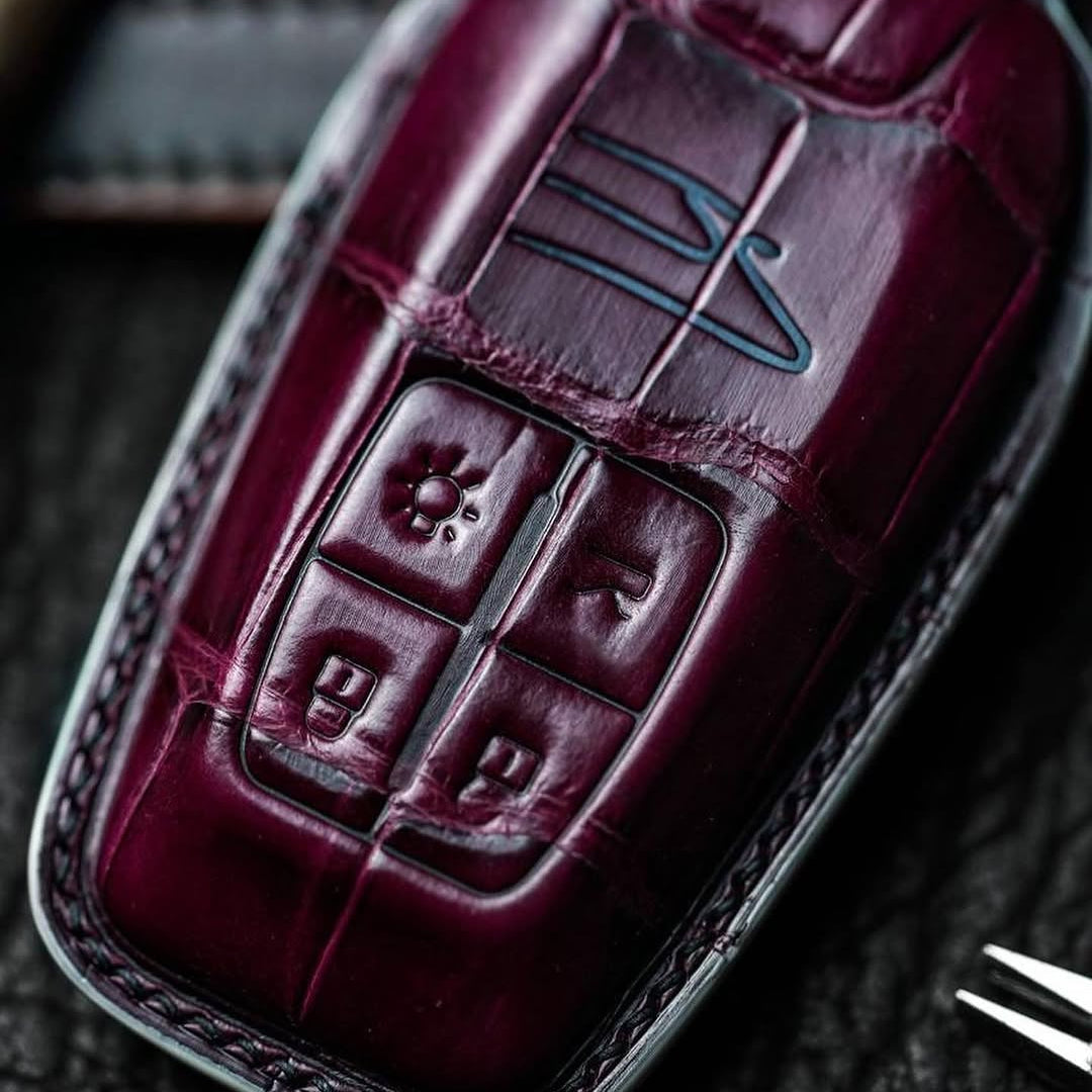 ETK BESPOKE HAND-PAINTED BORDEAUX CROCODILE KEY COVER FOR FERRARI — BLACK & WHITE DETAILS