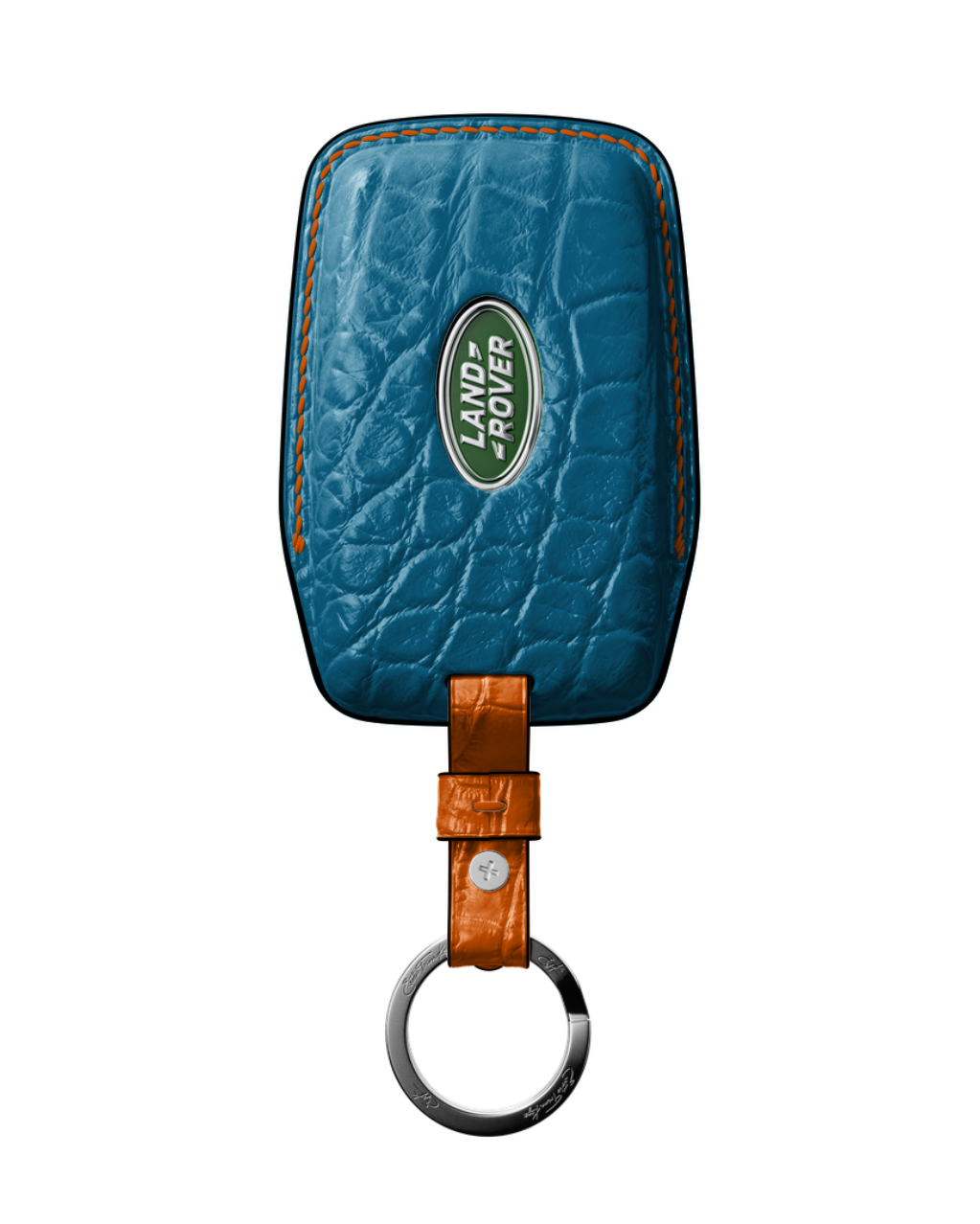 ETK BESPOKE AQUA BLUE CROCODILE KEY COVER FOR LAND ROVER — ORANGE & BLACK DETAILS