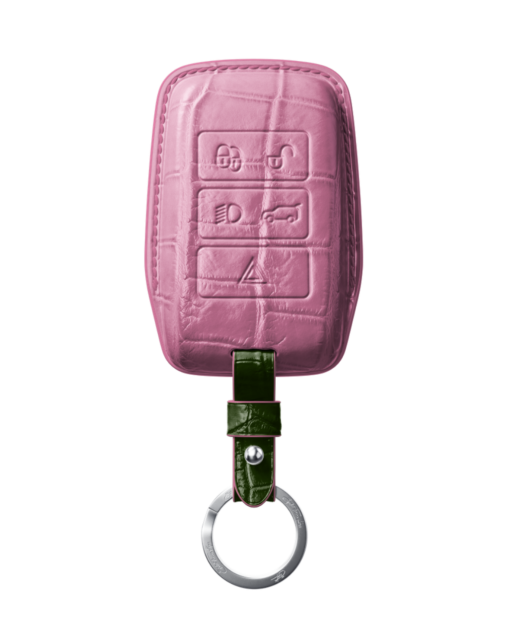 ETK BESPOKE BABY PINK CROCODILE KEY COVER FOR LAND ROVER — DARK GREEN DETAILS