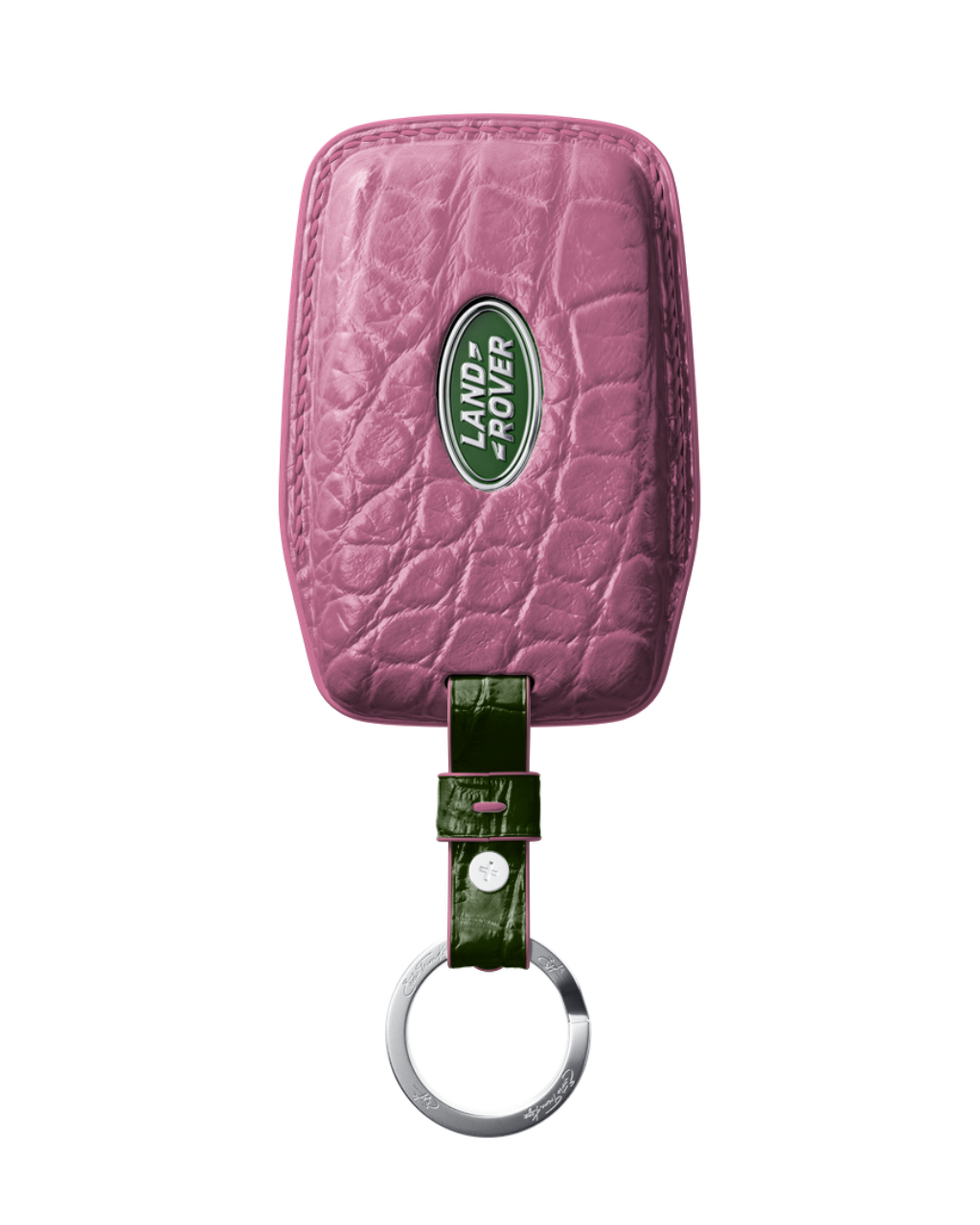 ETK BESPOKE BABY PINK CROCODILE KEY COVER FOR LAND ROVER — DARK GREEN DETAILS