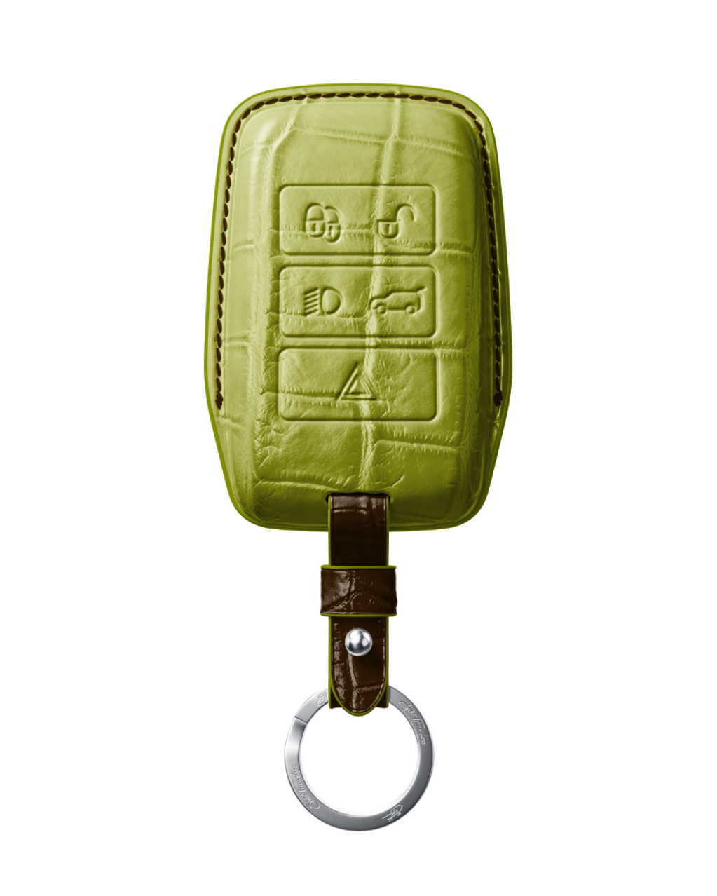 ETK BESPOKE LIME GREEN CROCODILE KEY COVER FOR LAND ROVER — DARK BROWN DETAILS