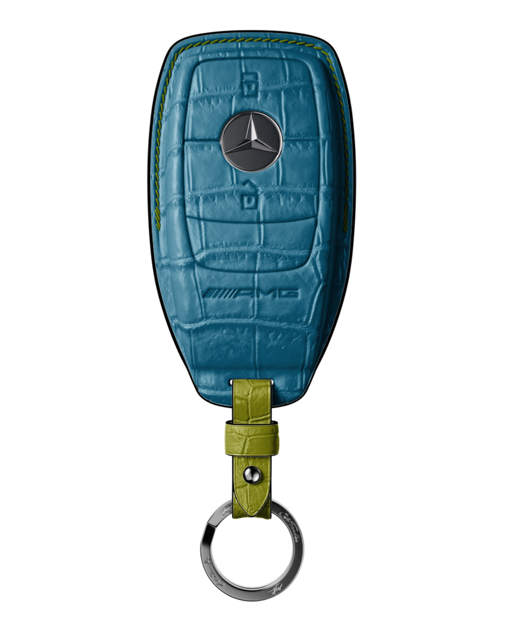ETK BESPOKE AQUA BLUE CROCODILE KEY COVER FOR MERCEDES — LIME GREEN DETAILS