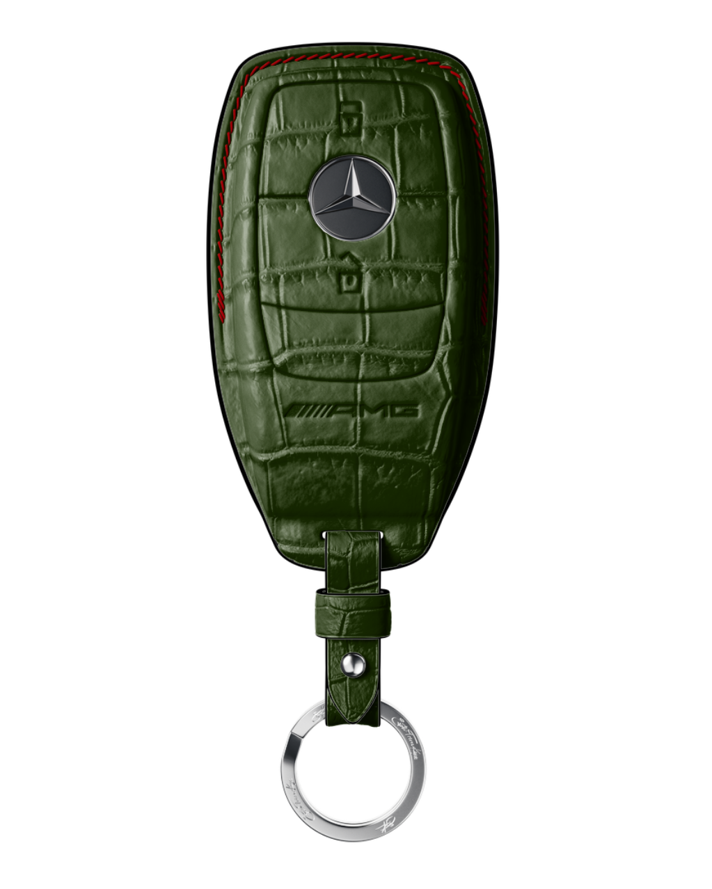 ETK BESPOKE DARK GREEN CROCODILE KEY COVER FOR MERCEDES — RED & BLACK DETAILS
