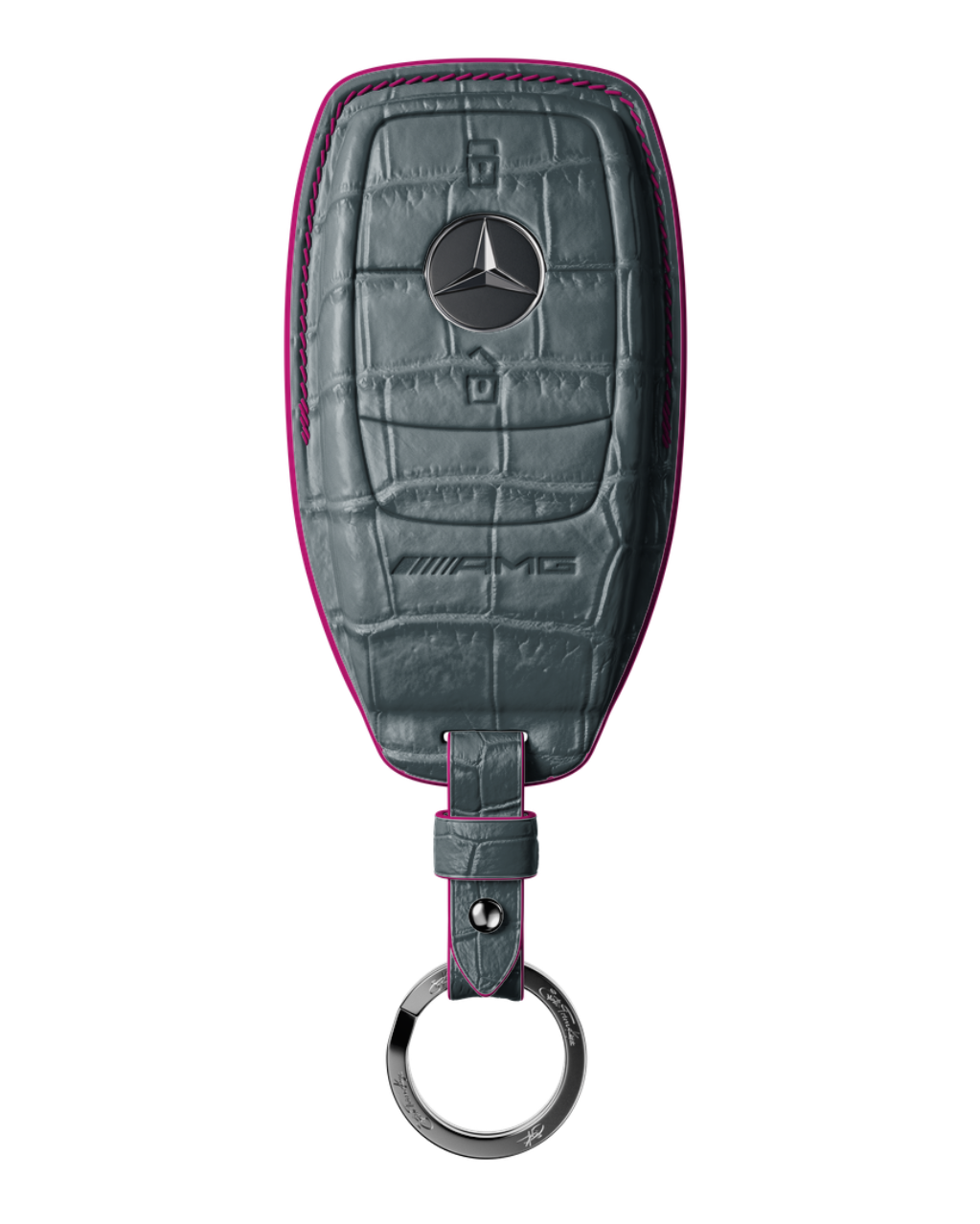 ETK BESPOKE GREY BLUE CROCODILE KEY COVER FOR MERCEDES — HOT PINK DETAILS