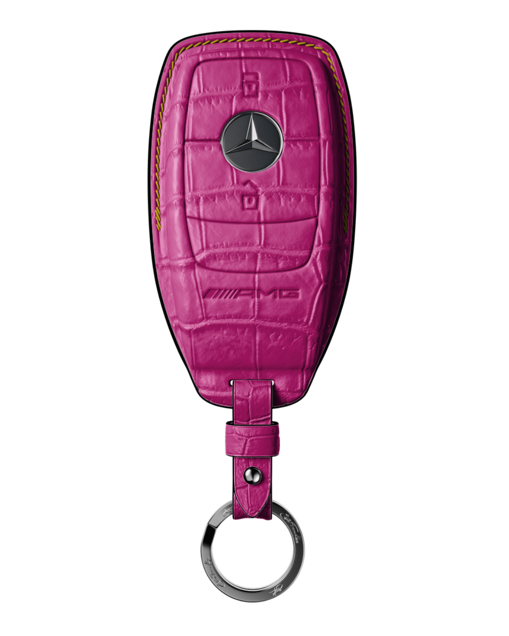 ETK BESPOKE HOT PINK CROCODILE KEY COVER FOR MERCEDES — YELLOW & BLACK DETAILS