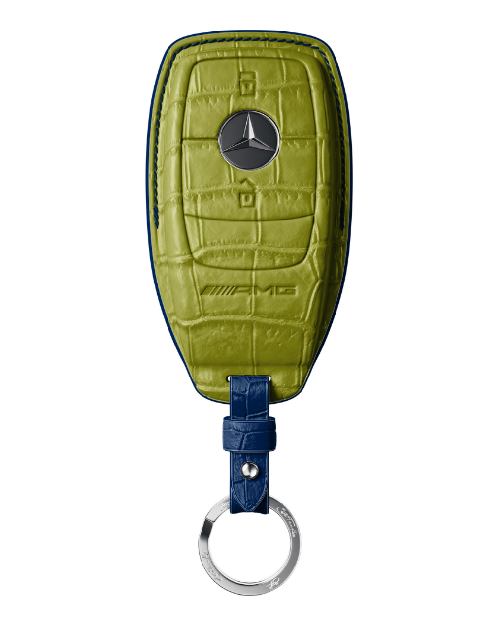 ETK BESPOKE LIME GREEN CROCODILE KEY COVER FOR MERCEDES — NAVY BLUE DETAILS