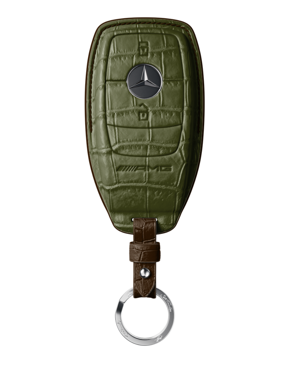 ETK BESPOKE OLIVE GREEN CROCODILE KEY COVER FOR MERCEDES — DARK BROWN DETAILS