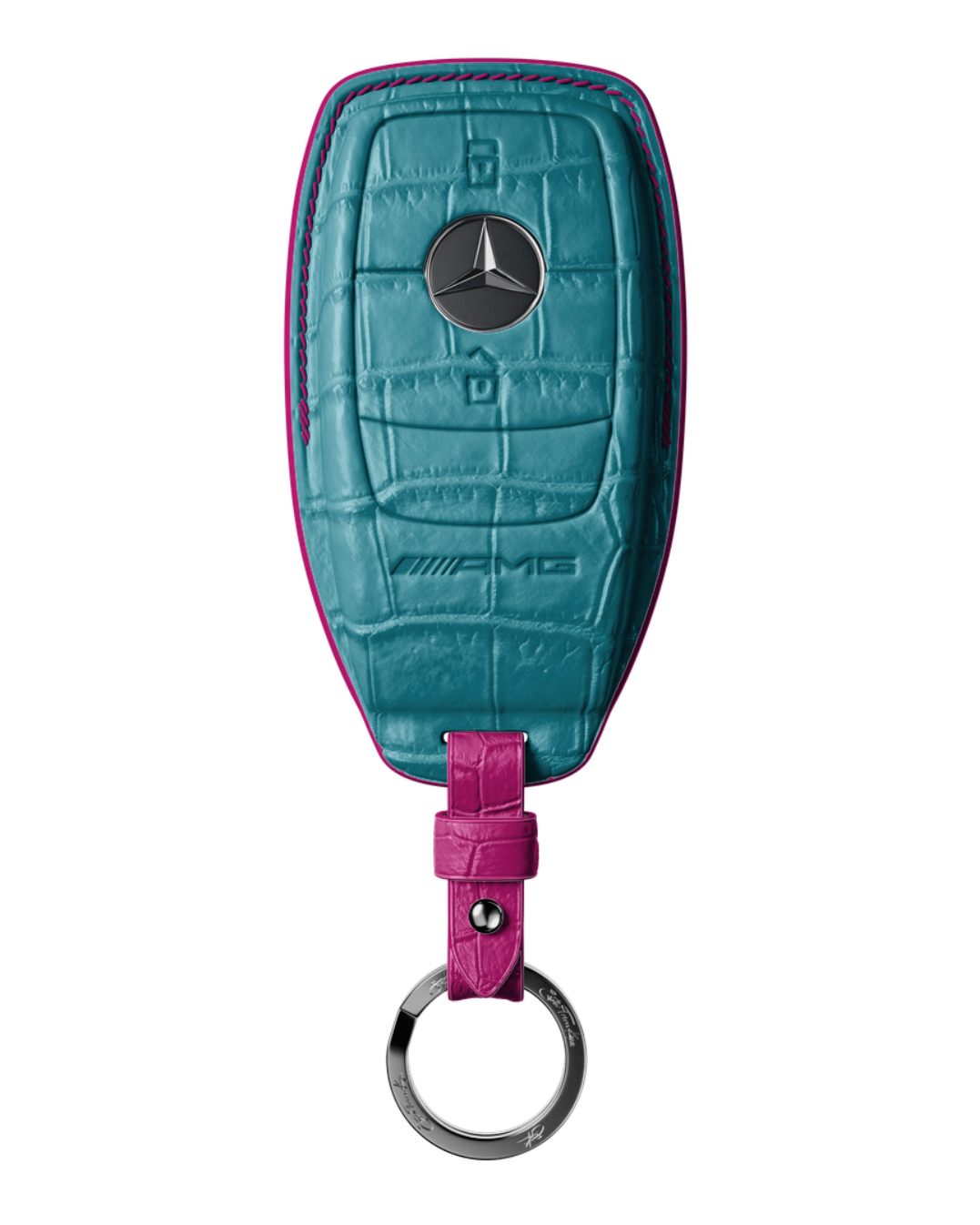 ETK BESPOKE TURQUOISE CROCODILE KEY COVER FOR MERCEDES — HOT PINK DETAILS