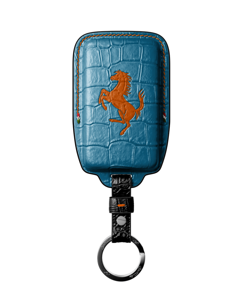 ETK BESPOKE AQUA BLUE CROCODILE KEY COVER FOR FERRARI — ORANGE & BLACK DETAILS