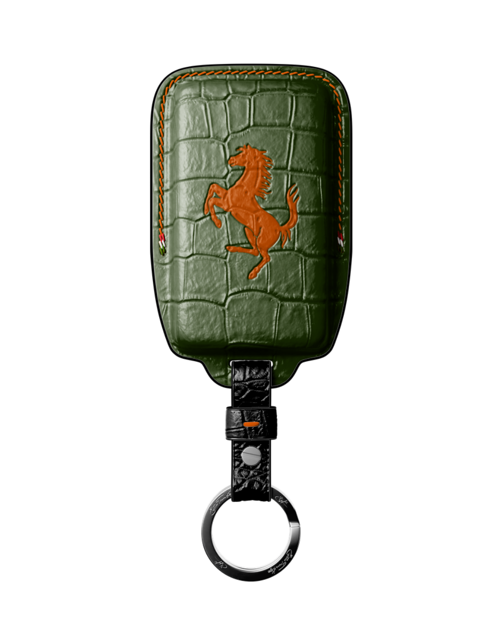 ETK BESPOKE DARK GREEN CROCODILE KEY COVER FOR FERRARI — ORANGE & BLACK DETAILS