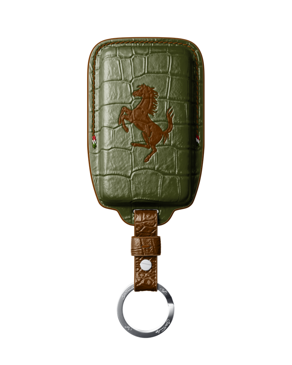 ETK BESPOKE OLIVE GREEN CROCODILE KEY COVER FOR FERRARI — BROWN DETAILS