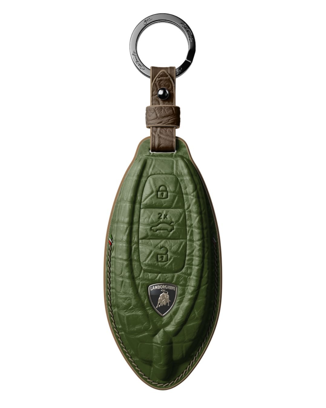 ETK BESPOKE OLIVE GREEN CROCODILE KEY COVER FOR LAMBORGHINI — THREE-TONE DETAILS